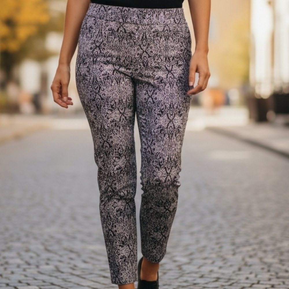 Jules & Leopold - Navy Blue & White Paisley Pants, Faux Back Pockets, Stretch... - Picture 1 of 8